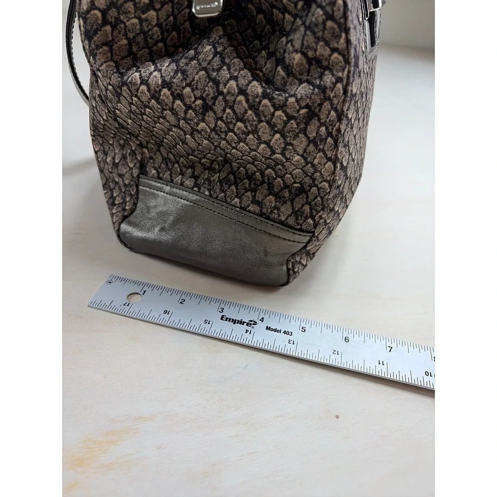 Coach Snakeskin Print Canvas Metallic Leather Trim Shoulder Bag Tote Pewter